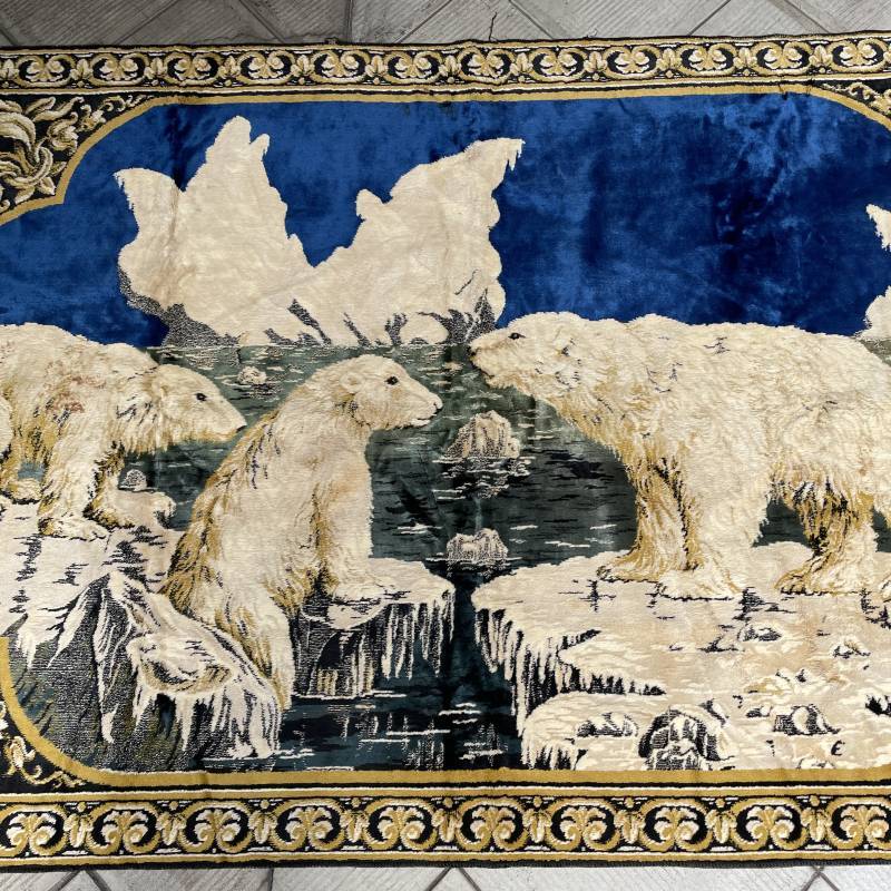 画像1: 希少芸術品！BIGサイズ！ヴィンテージラグ　白熊の親子の絨毯　イタリア雑貨ラグ/北極フランス動物ペルシャキリム家具イギリスアンティーク